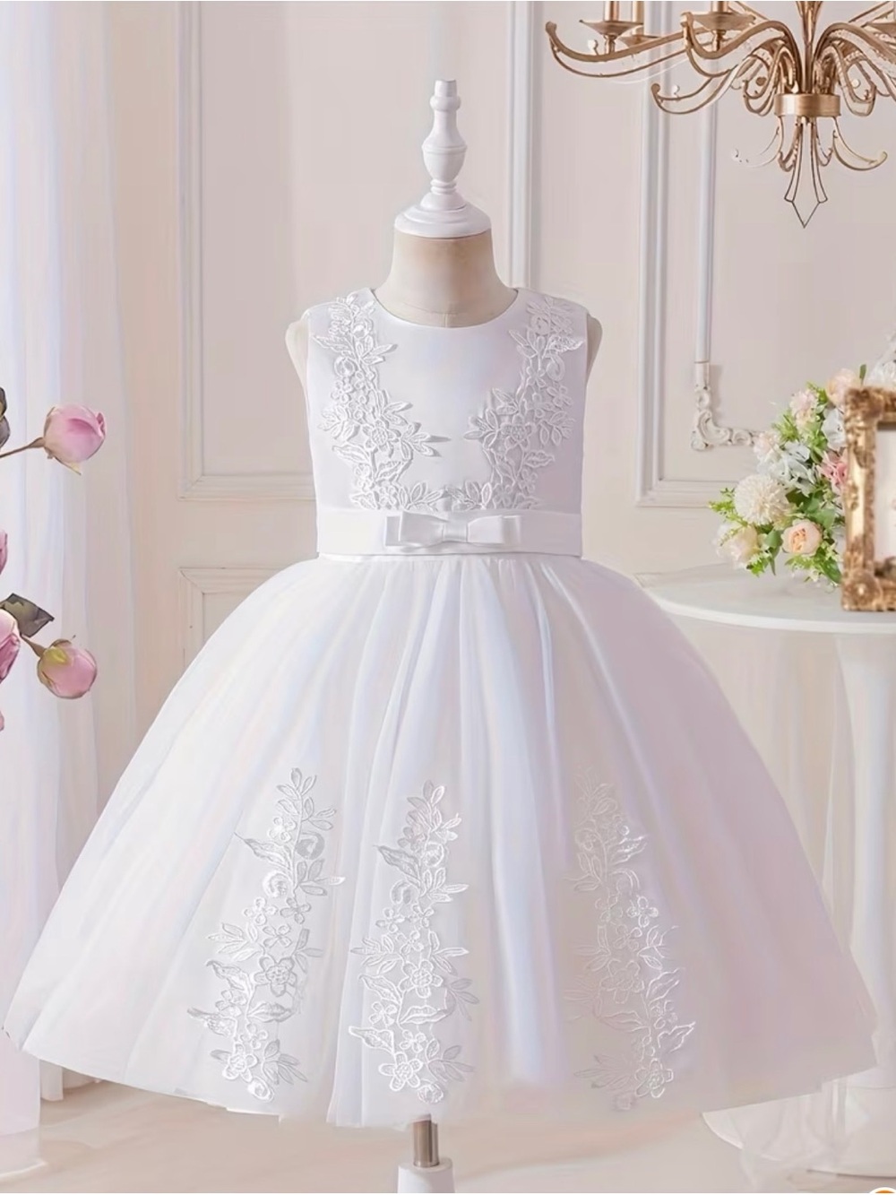 Classic White Floral Applique Girls' Party Dress 9-10Y
